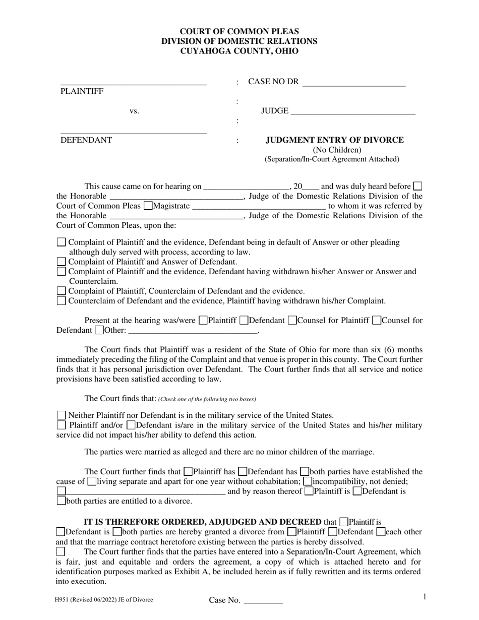 Form H951 Judgment Entry of Divorce (No Children, With Separation Agreement and Spousal Support) - Cuyahoga County, Ohio, Page 1