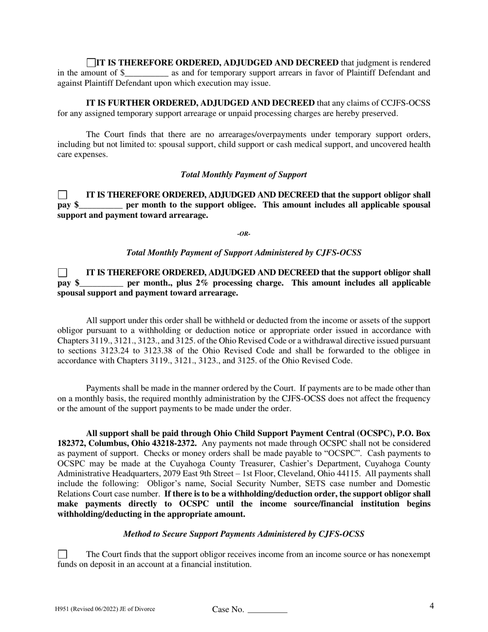 Form H951 Judgment Entry of Divorce (No Children, With Separation Agreement and Spousal Support) - Cuyahoga County, Ohio, Page 4