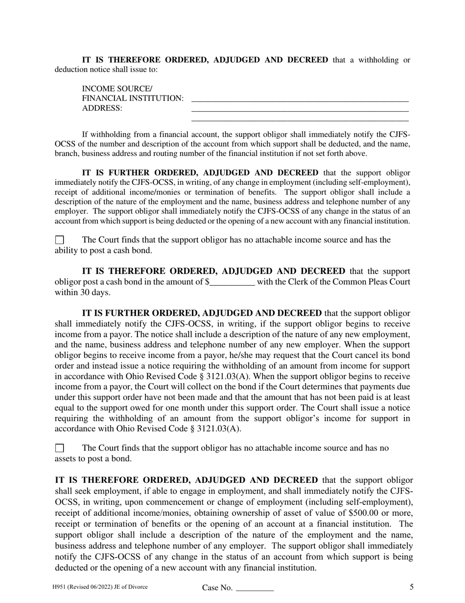 Form H951 Judgment Entry of Divorce (No Children, With Separation Agreement and Spousal Support) - Cuyahoga County, Ohio, Page 5