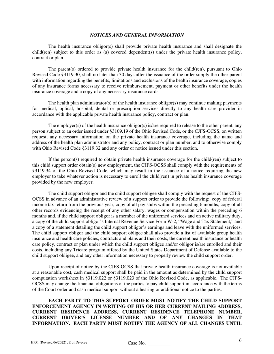 Form H951 Judgment Entry of Divorce (No Children, With Separation Agreement and Spousal Support) - Cuyahoga County, Ohio, Page 6