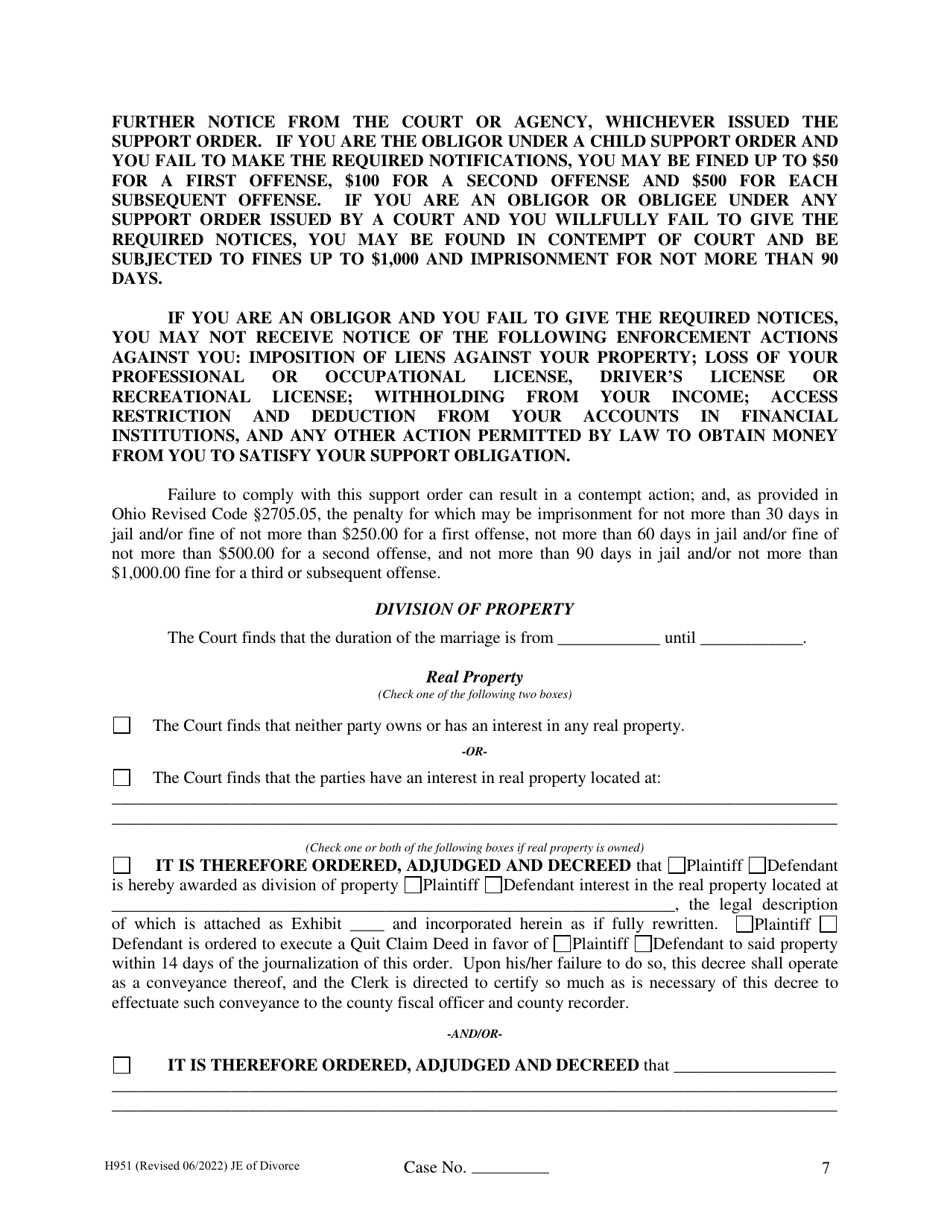 Form H951 Judgment Entry of Divorce (No Children, With Separation Agreement and Spousal Support) - Cuyahoga County, Ohio, Page 7