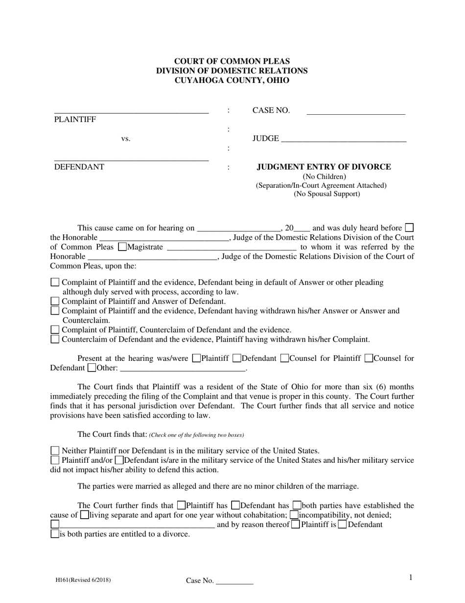 Form H161 Judgment Entry of Divorce (No Children, With Separation Agreement, No Spousal Support) - Cuyahoga County, Ohio, Page 1