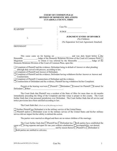 Form H950 Judgment Entry of Divorce (No Children, No Separation Agreement, With Spousal Support) - Cuyahoga County, Ohio