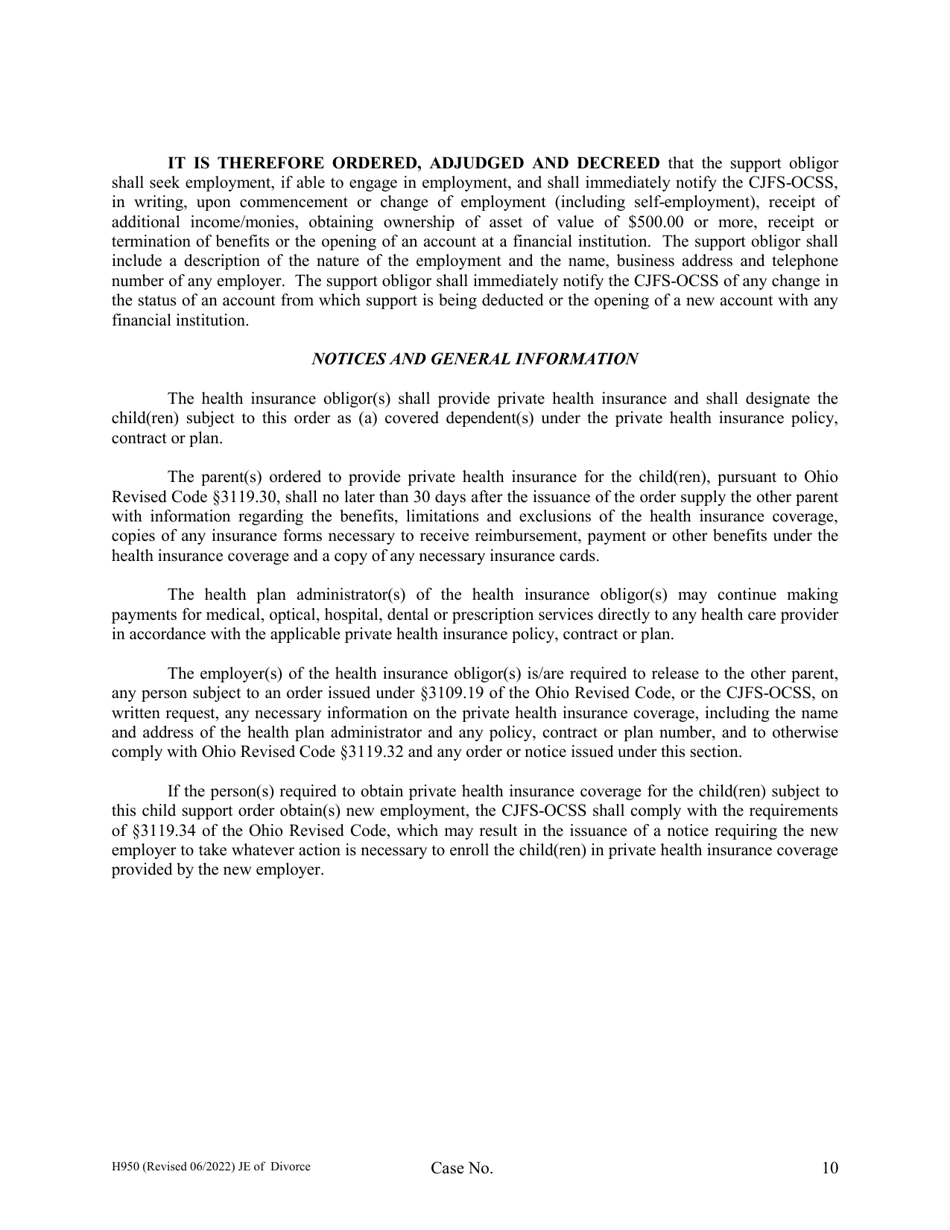 Form H950 Judgment Entry of Divorce (No Children, No Separation Agreement, With Spousal Support) - Cuyahoga County, Ohio, Page 10