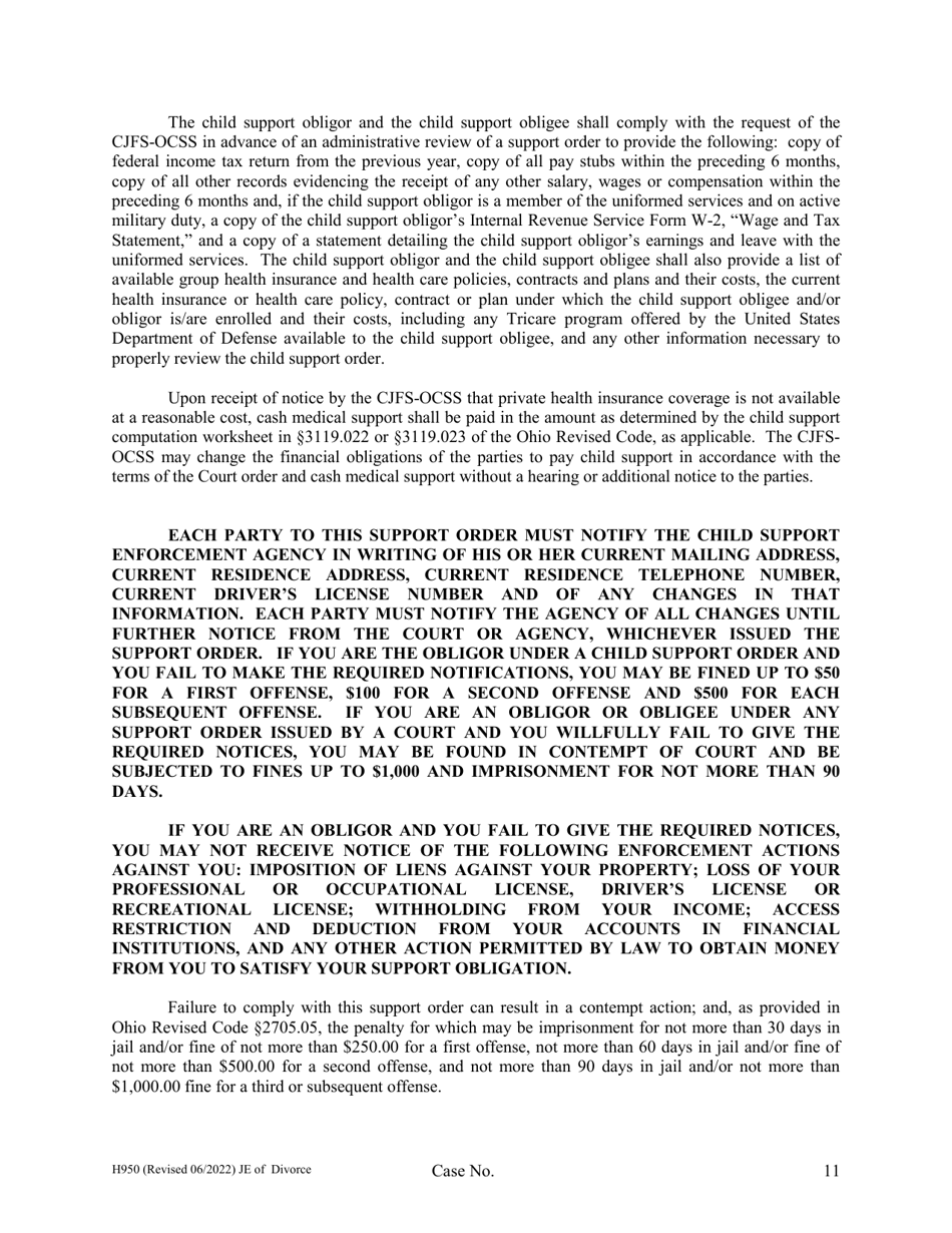 Form H950 Judgment Entry of Divorce (No Children, No Separation Agreement, With Spousal Support) - Cuyahoga County, Ohio, Page 11