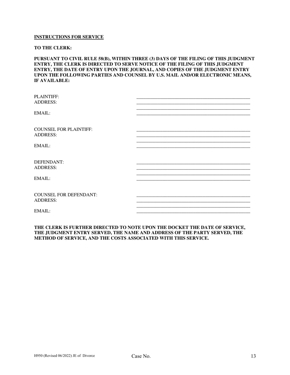 Form H950 Judgment Entry of Divorce (No Children, No Separation Agreement, With Spousal Support) - Cuyahoga County, Ohio, Page 13