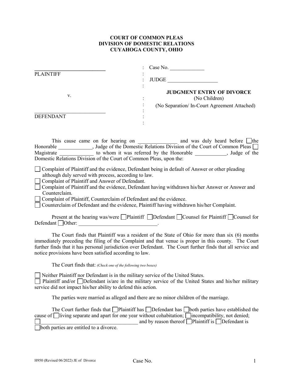 Form H950 Judgment Entry of Divorce (No Children, No Separation Agreement, With Spousal Support) - Cuyahoga County, Ohio, Page 1