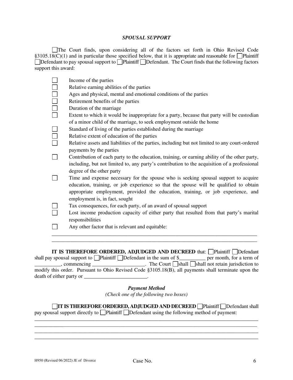 Form H950 Judgment Entry of Divorce (No Children, No Separation Agreement, With Spousal Support) - Cuyahoga County, Ohio, Page 6