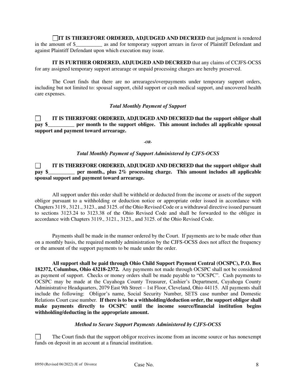 Form H950 Judgment Entry of Divorce (No Children, No Separation Agreement, With Spousal Support) - Cuyahoga County, Ohio, Page 8