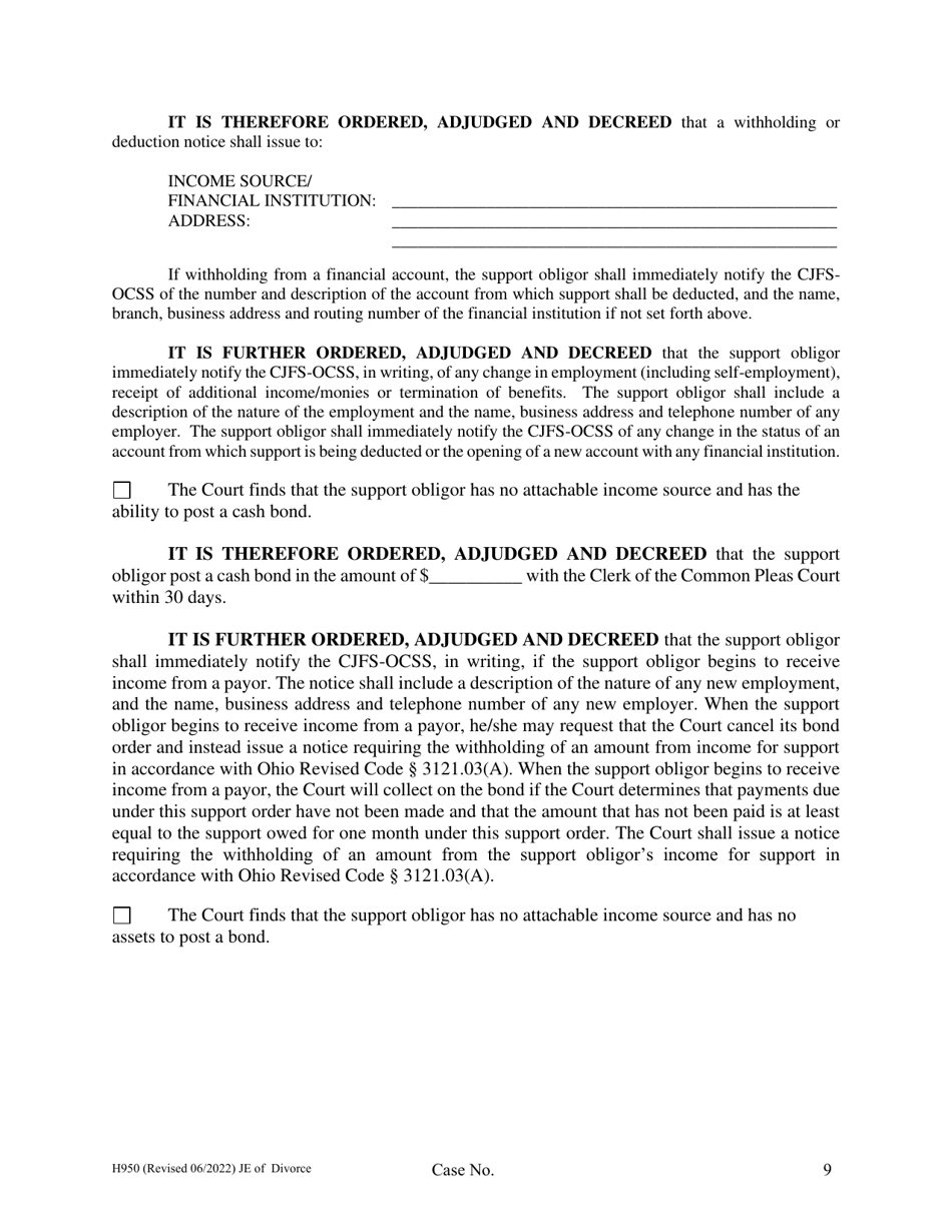 Form H950 Judgment Entry of Divorce (No Children, No Separation Agreement, With Spousal Support) - Cuyahoga County, Ohio, Page 9