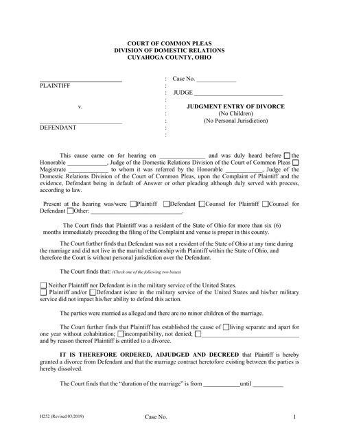 Form H252 Judgment Entry of Divorce (No Children, No Personal Jurisdiction) - Cuyahoga County, Ohio