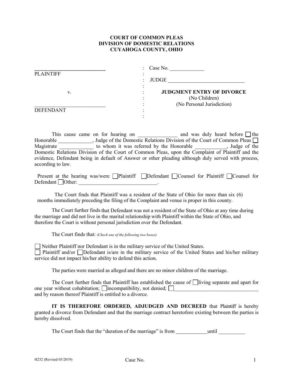 Form H252 Judgment Entry of Divorce (No Children, No Personal Jurisdiction) - Cuyahoga County, Ohio, Page 1