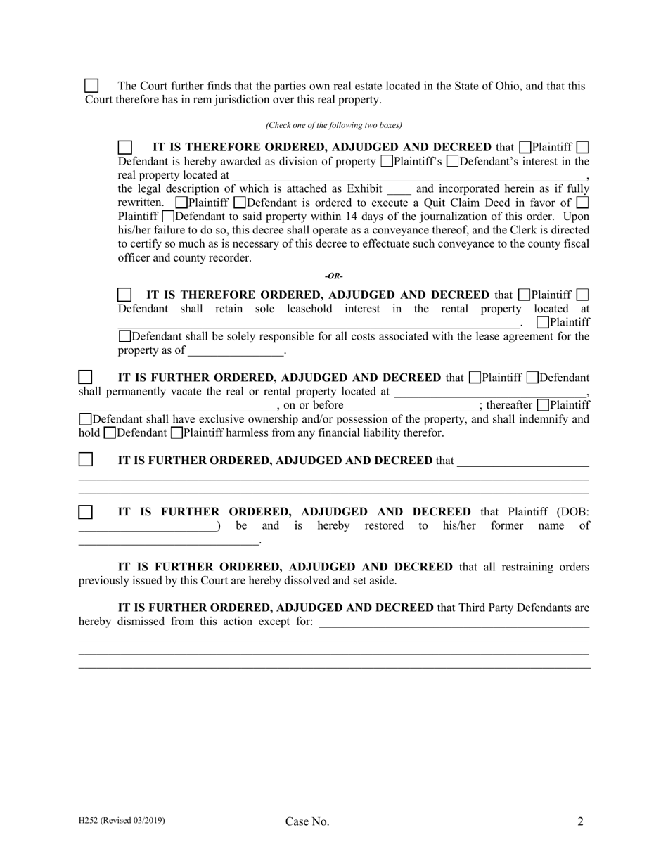 Form H252 Judgment Entry of Divorce (No Children, No Personal Jurisdiction) - Cuyahoga County, Ohio, Page 2
