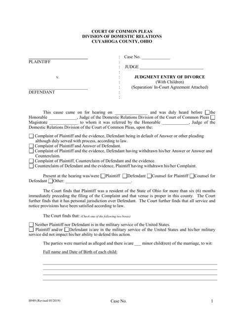 Form H949 Judgment Entry of Divorce (With Children, With Separation Agreement) - Cuyahoga County, Ohio