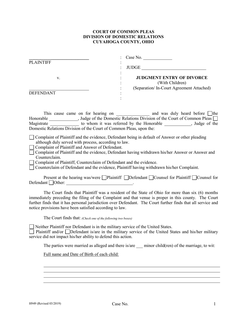Form H949 Judgment Entry of Divorce (With Children, With Separation Agreement) - Cuyahoga County, Ohio, Page 1