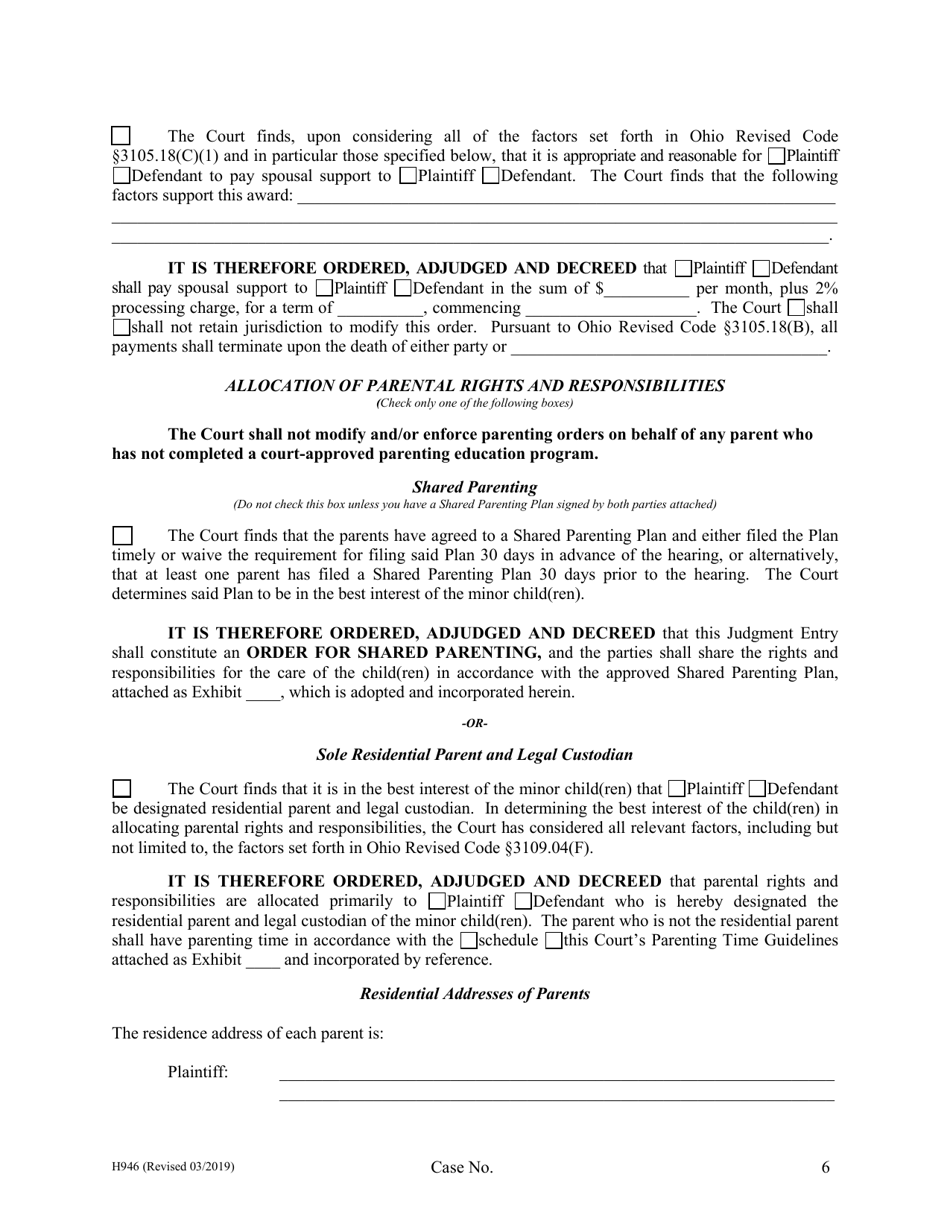 Form H946 Judgment Entry of Divorce (With Children, No Separation Agreement) - Cuyahoga County, Ohio, Page 6