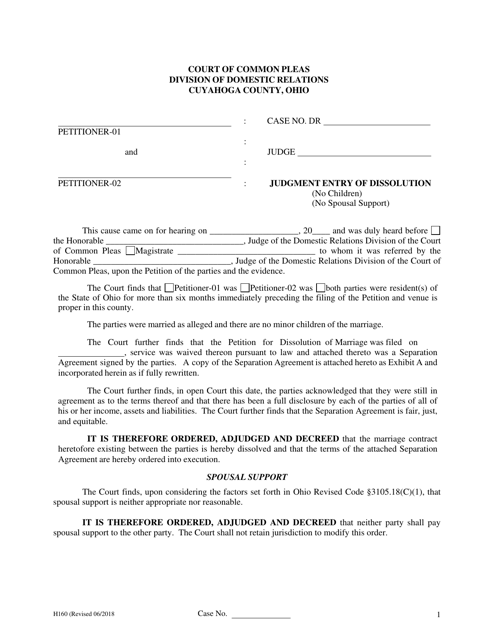 Form H160 Judgment Entry of Dissolution (No Children, No Spousal Support) - Cuyahoga County, Ohio