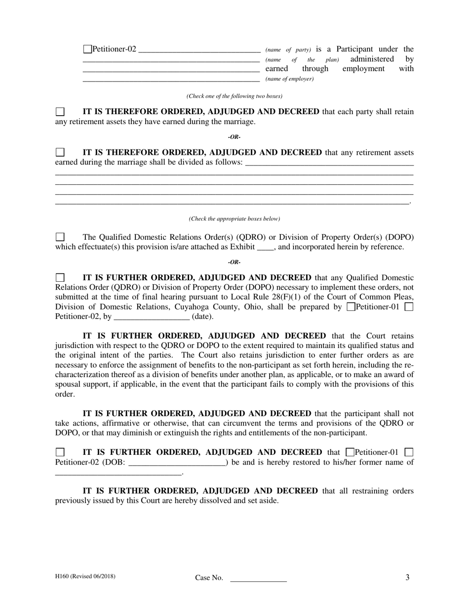 Form H160 Download Fillable PDF or Fill Online Judgment Entry of ...