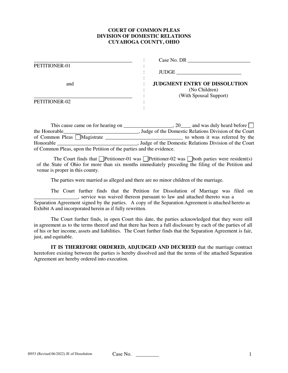 Form H953 Judgment Entry of Dissolution (No Children, With Spousal Support) - Cuyahoga County, Ohio, Page 1