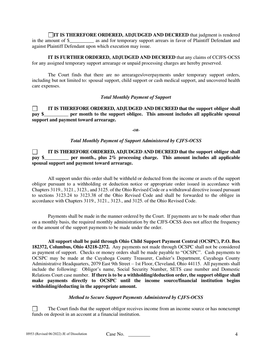 Form H953 Judgment Entry of Dissolution (No Children, With Spousal Support) - Cuyahoga County, Ohio, Page 4