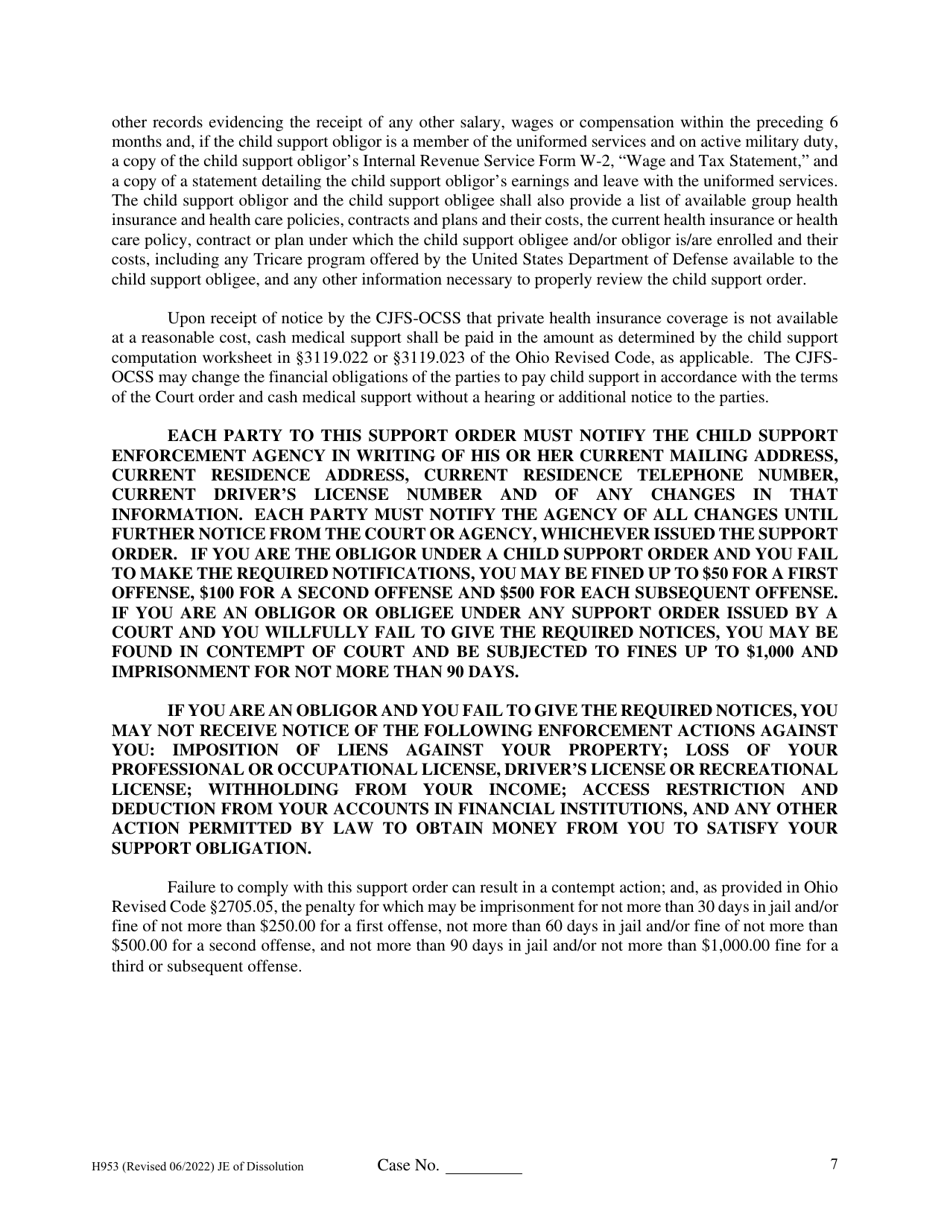 Form H953 Judgment Entry of Dissolution (No Children, With Spousal Support) - Cuyahoga County, Ohio, Page 7