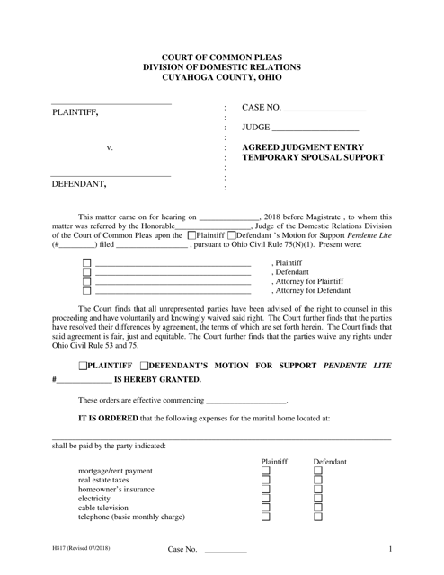 Form H817 Agreed Judgment Entry Temporary Spousal Support - Cuyahoga County, Ohio