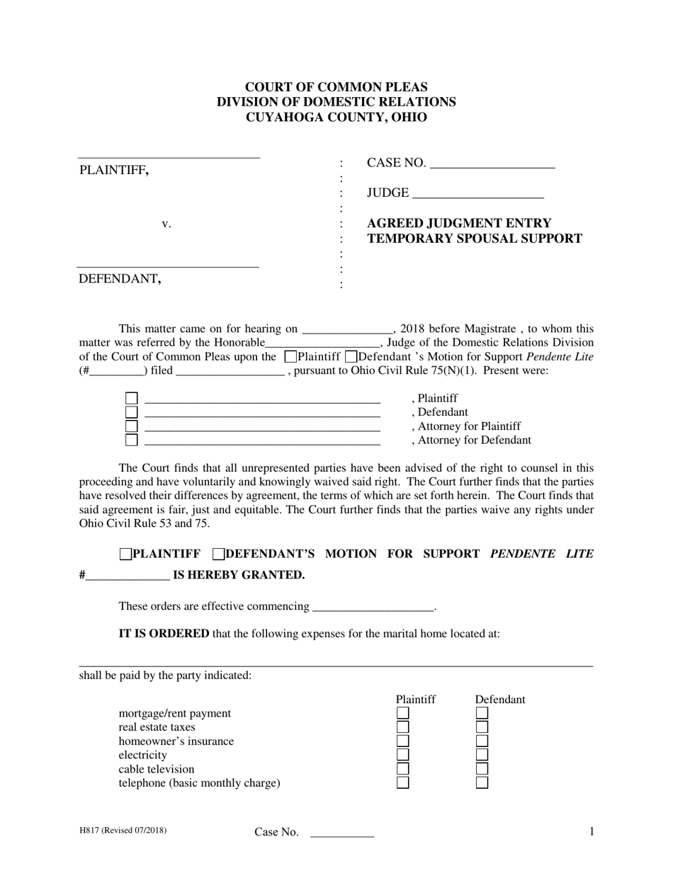 Form H817 Agreed Judgment Entry Temporary Spousal Support - Cuyahoga County, Ohio, Page 1