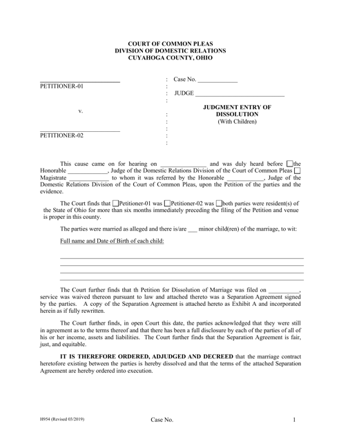 Form H954 Judgment Entry of Dissolution (With Children) - Cuyahoga County, Ohio
