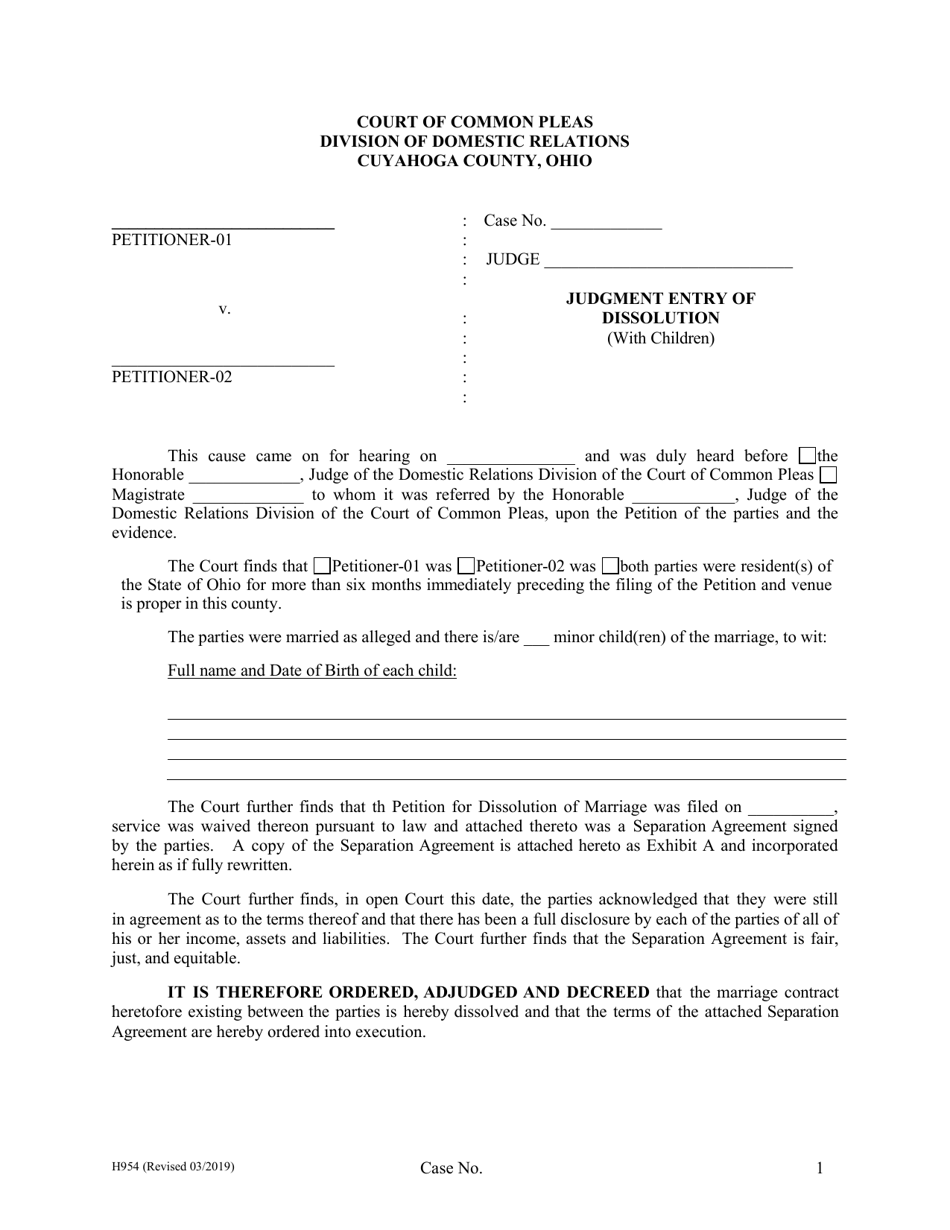 Form H954 Judgment Entry of Dissolution (With Children) - Cuyahoga County, Ohio, Page 1