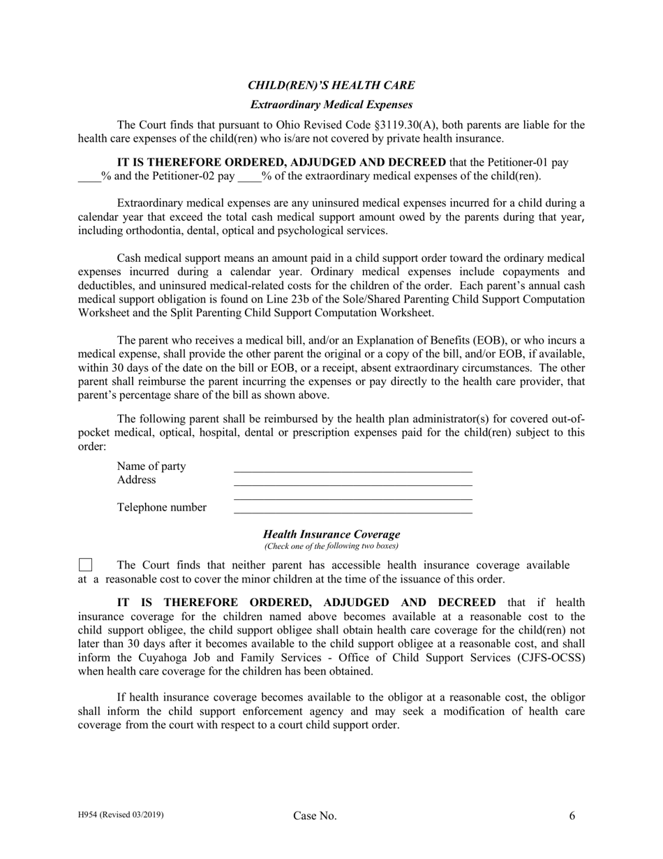Form H954 Judgment Entry of Dissolution (With Children) - Cuyahoga County, Ohio, Page 6