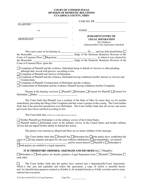 Form H132 Judgment Entry of Legal Separation (No Children, With Separation Agreement) - Cuyahoga County, Ohio