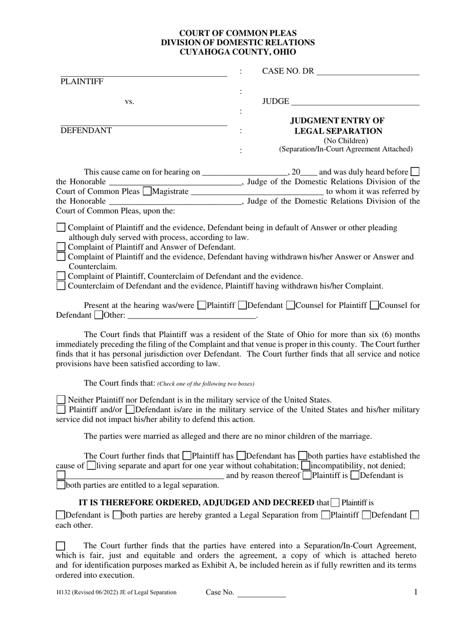 Form H132 Judgment Entry of Legal Separation (No Children, With Separation Agreement) - Cuyahoga County, Ohio, Page 1