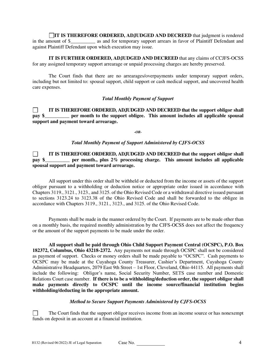 Form H132 Judgment Entry of Legal Separation (No Children, With Separation Agreement) - Cuyahoga County, Ohio, Page 4