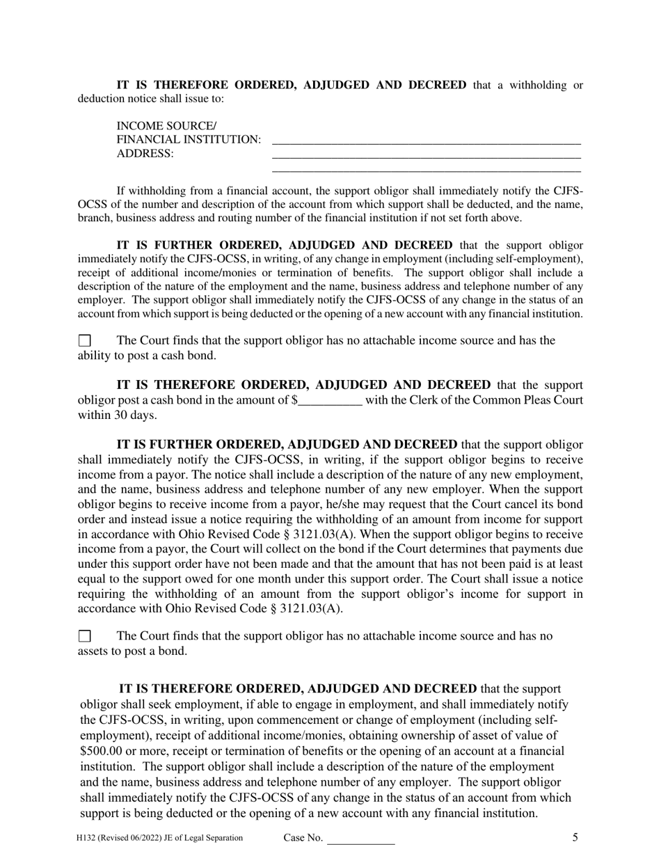Form H132 Judgment Entry of Legal Separation (No Children, With Separation Agreement) - Cuyahoga County, Ohio, Page 5