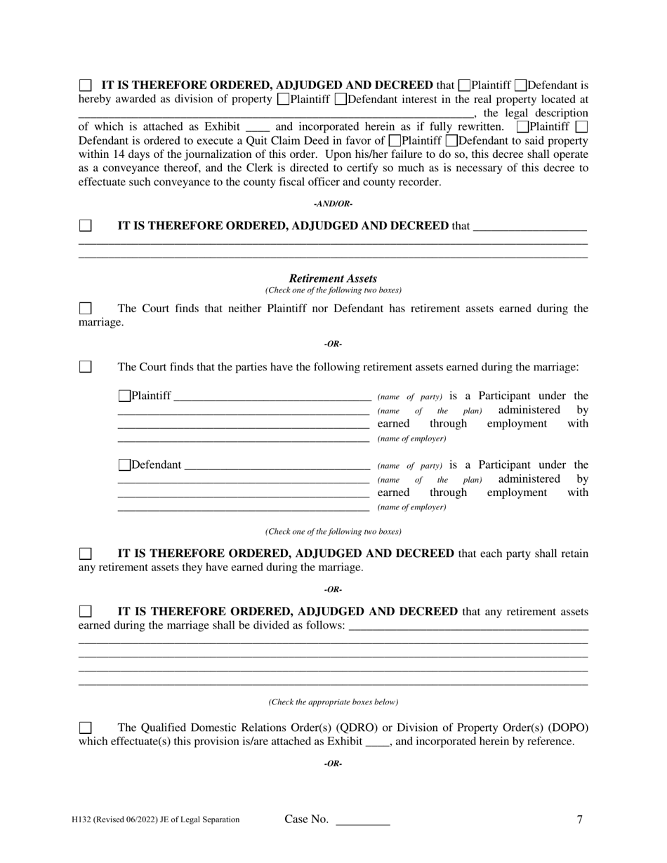 Form H132 Judgment Entry of Legal Separation (No Children, With Separation Agreement) - Cuyahoga County, Ohio, Page 7