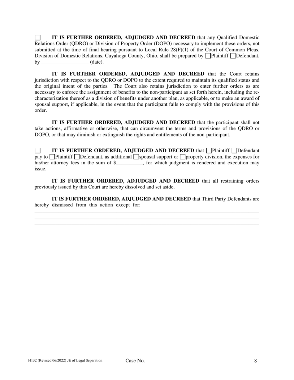 Form H132 Judgment Entry of Legal Separation (No Children, With Separation Agreement) - Cuyahoga County, Ohio, Page 8