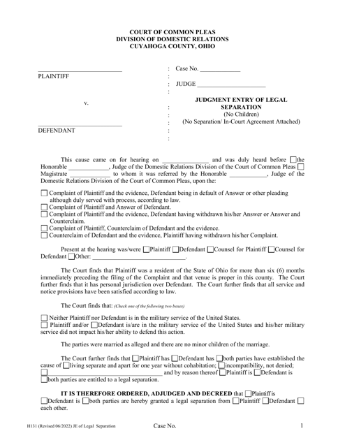 Form H131 Judgment Entry of Legal Separation (No Children, No Separation Agreement) - Cuyahoga County, Ohio