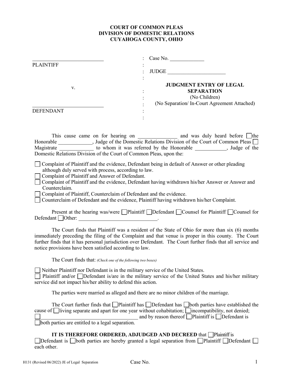 Form H131 Judgment Entry of Legal Separation (No Children, No Separation Agreement) - Cuyahoga County, Ohio, Page 1
