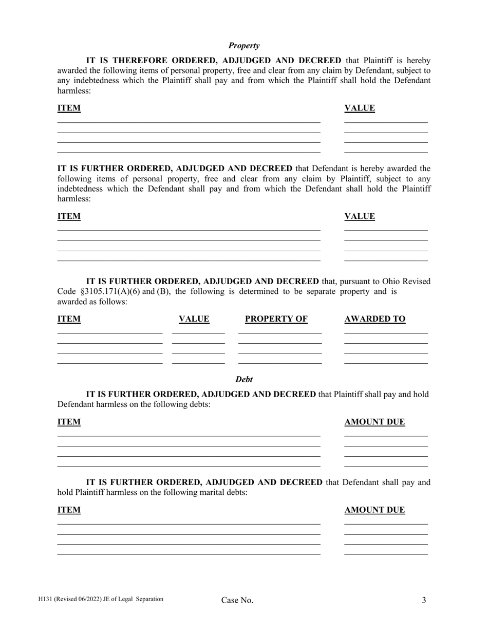 Form H131 Judgment Entry of Legal Separation (No Children, No Separation Agreement) - Cuyahoga County, Ohio, Page 3