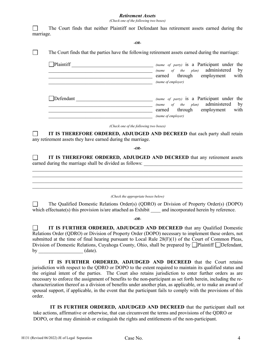 Form H131 Judgment Entry of Legal Separation (No Children, No Separation Agreement) - Cuyahoga County, Ohio, Page 4