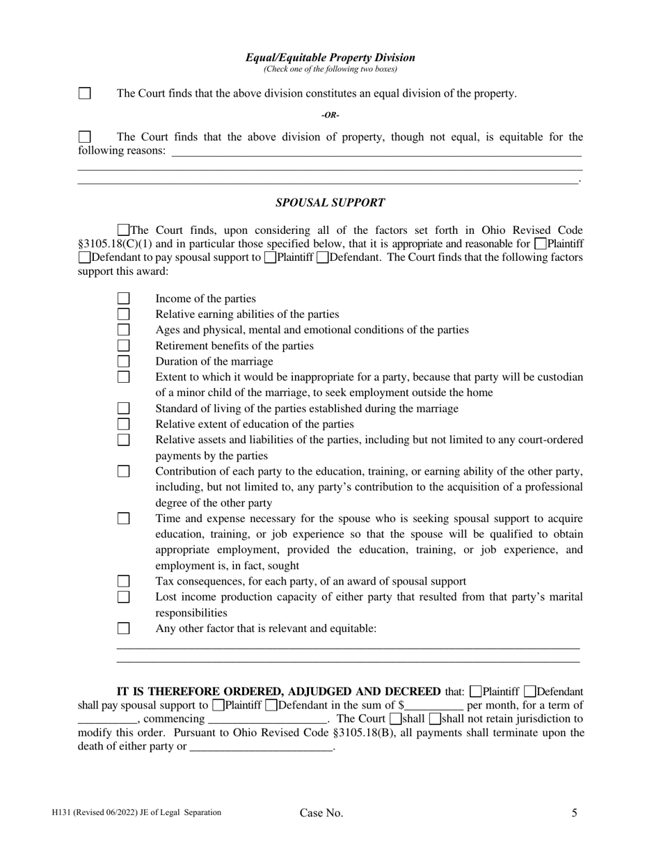 Form H131 Judgment Entry of Legal Separation (No Children, No Separation Agreement) - Cuyahoga County, Ohio, Page 5
