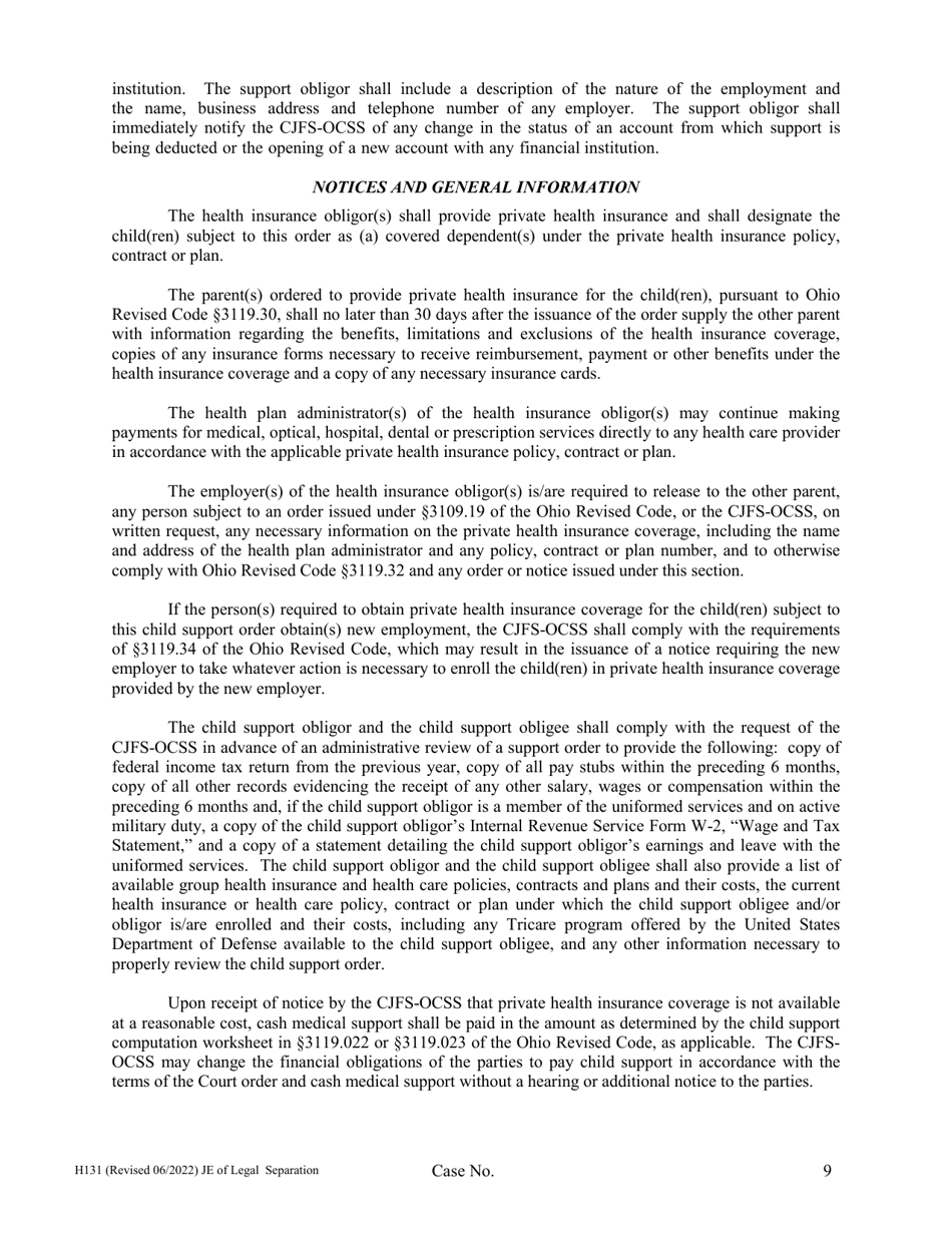 Form H131 Judgment Entry of Legal Separation (No Children, No Separation Agreement) - Cuyahoga County, Ohio, Page 9