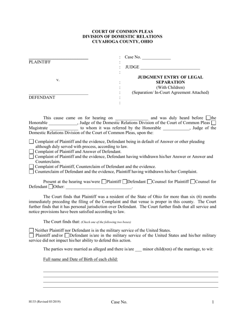 Form H133 Judgment Entry of Legal Separation (With Children, With Separation Agreement) - Cuyahoga County, Ohio