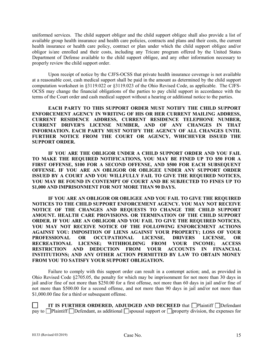 Form H133 Judgment Entry of Legal Separation (With Children, With Separation Agreement) - Cuyahoga County, Ohio, Page 15