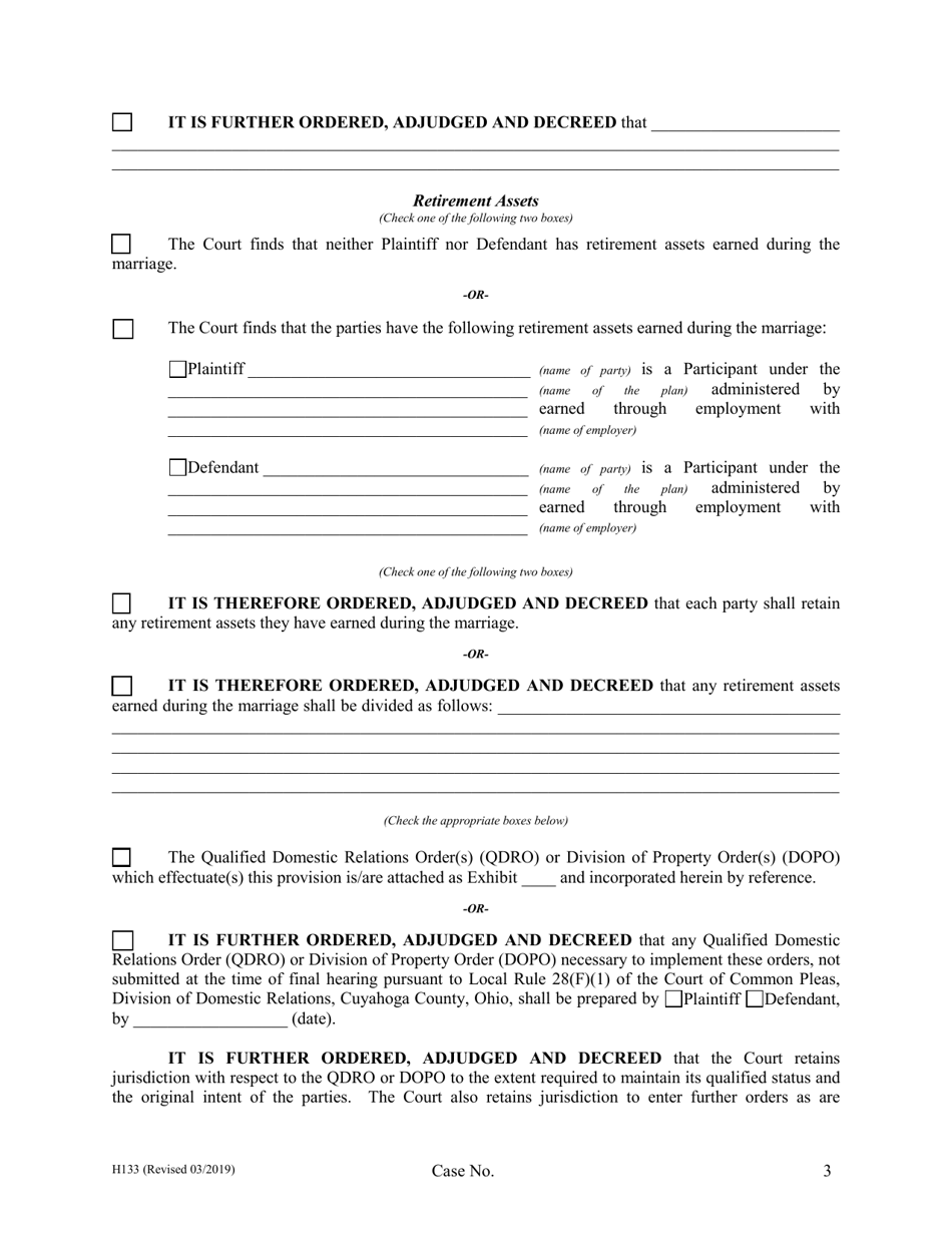 Form H133 Judgment Entry of Legal Separation (With Children, With Separation Agreement) - Cuyahoga County, Ohio, Page 3