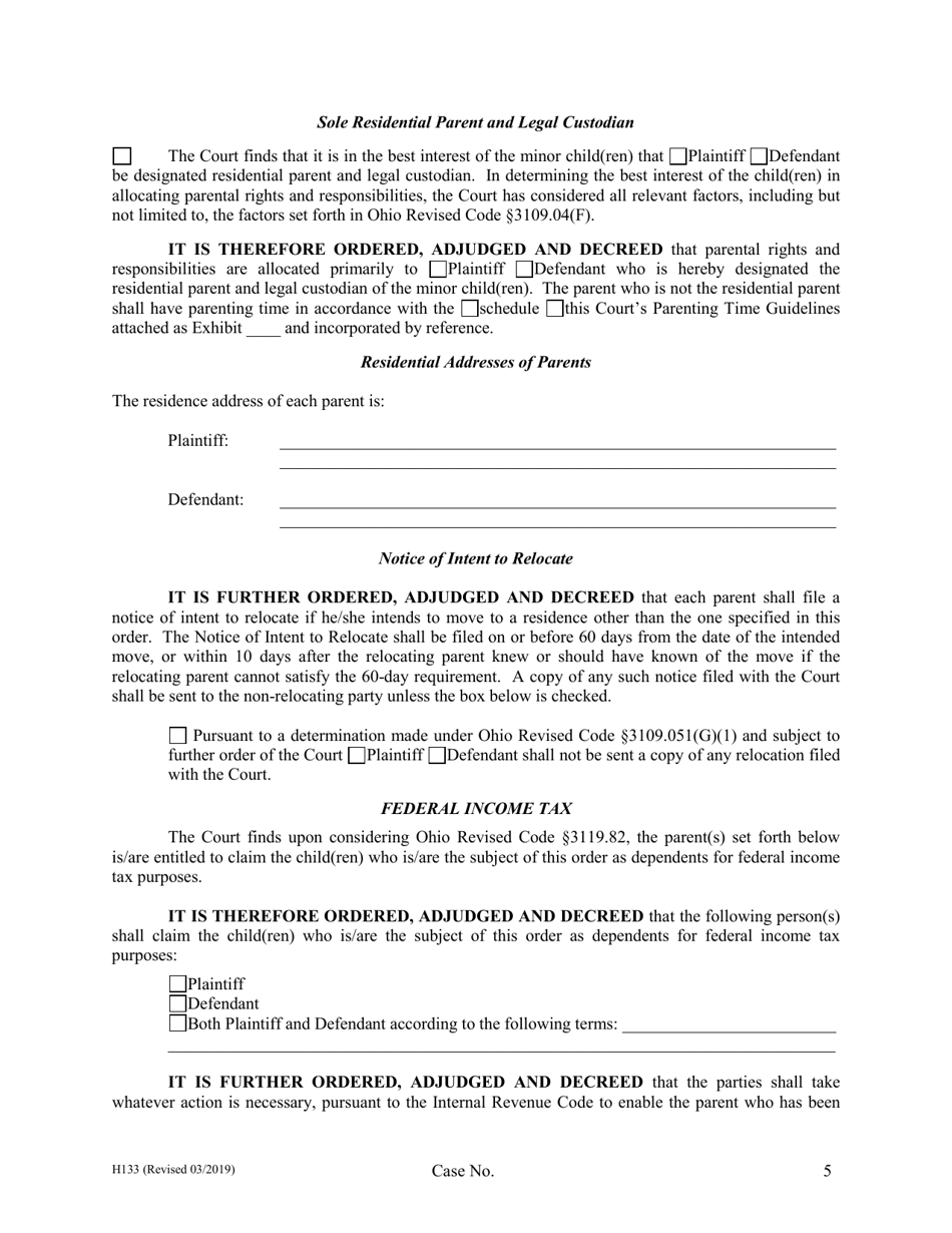Form H133 Judgment Entry of Legal Separation (With Children, With Separation Agreement) - Cuyahoga County, Ohio, Page 5