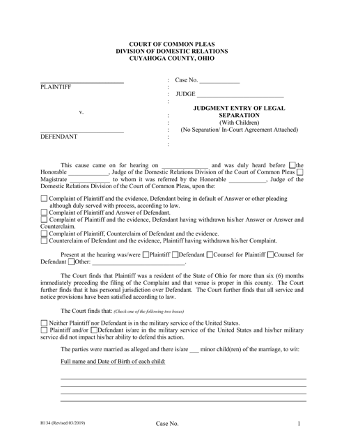 Form H134 Judgment Entry of Legal Separation (With Children, No Separation Agreement) - Cuyahoga County, Ohio