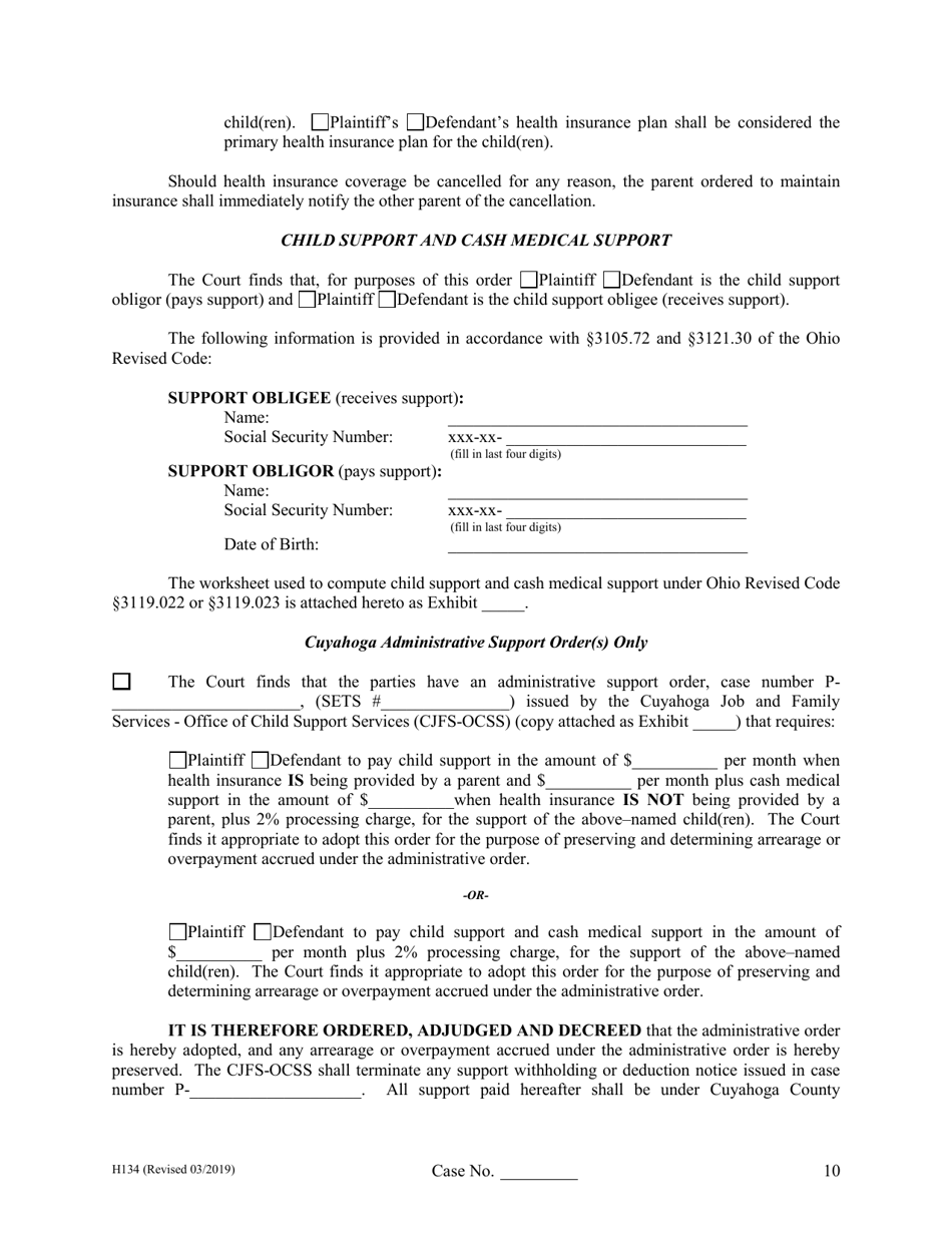 Form H134 Judgment Entry of Legal Separation (With Children, No Separation Agreement) - Cuyahoga County, Ohio, Page 10