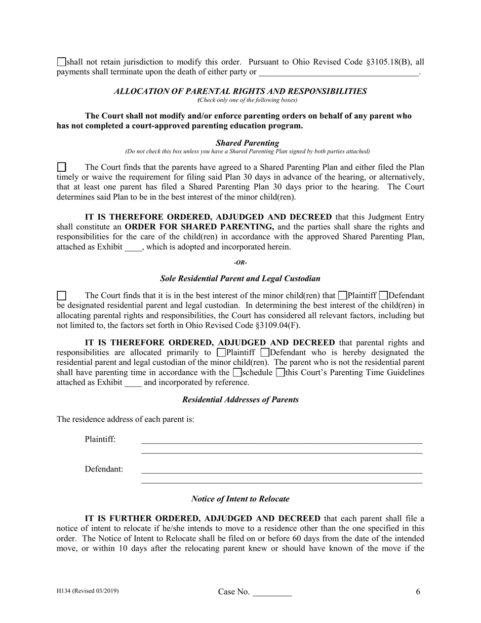 Form H134 Judgment Entry of Legal Separation (With Children, No Separation Agreement) - Cuyahoga County, Ohio, Page 6