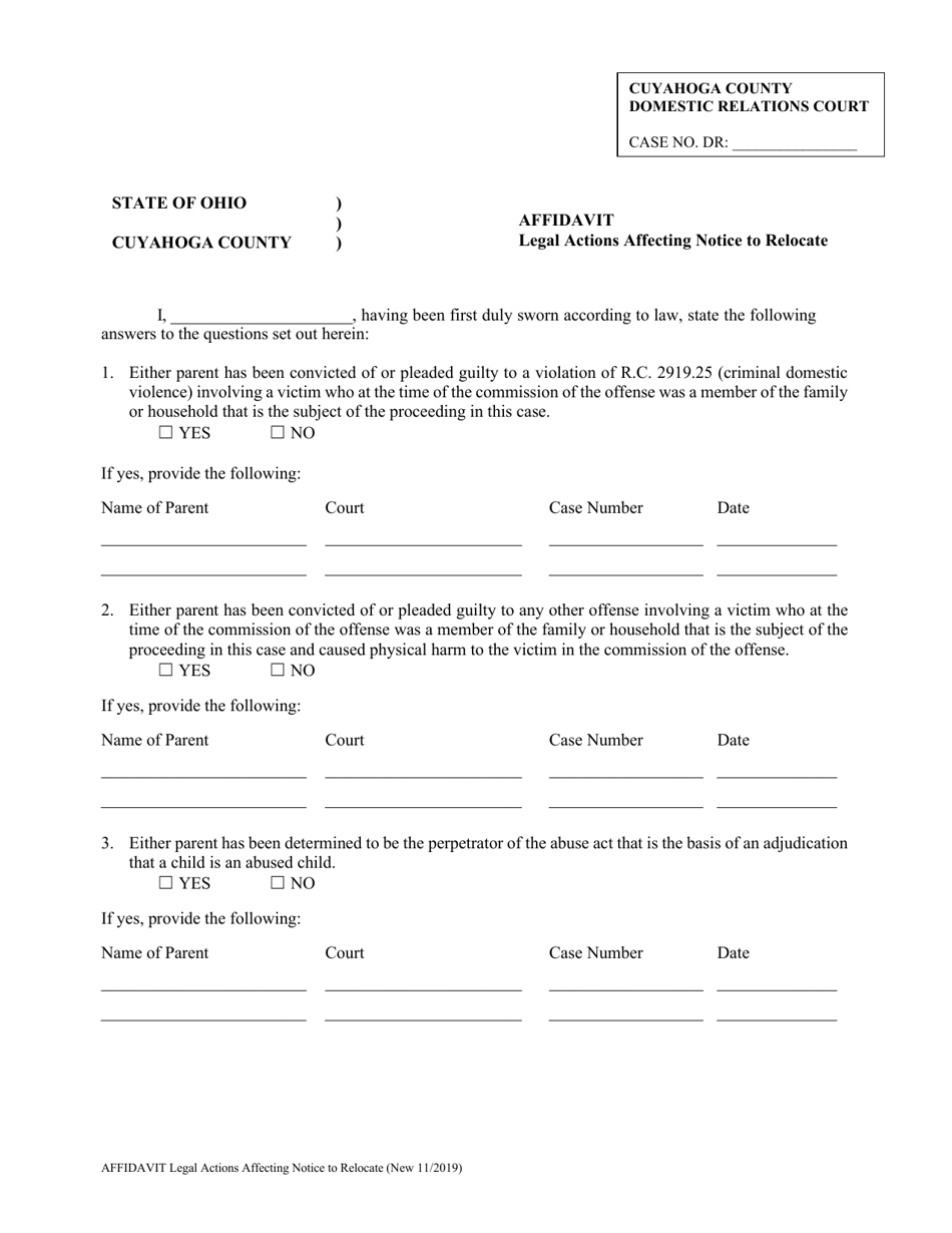 Affidavit - Legal Actions Affecting Notice to Relocate - Cuyahoga County, Ohio, Page 1